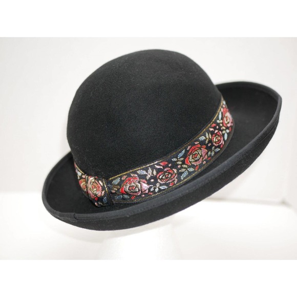 VTG Street Smart by Betmar Ladies Bowler Hat Black Floral 100% Wool Felt USA - Picture 10 of 13